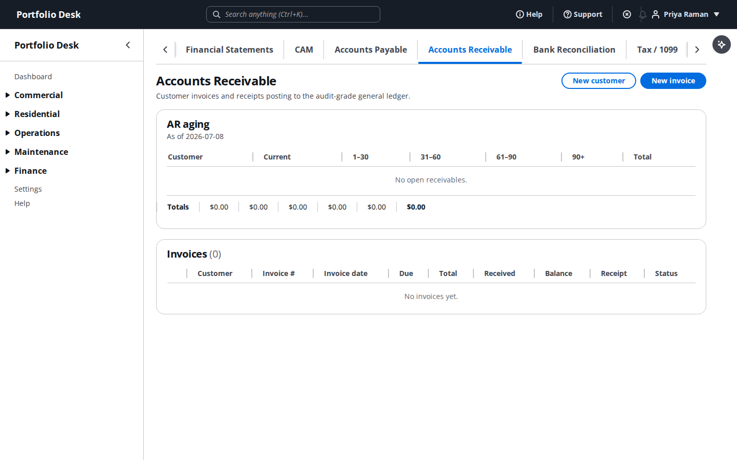 Accounts receivable: tenant billing screen