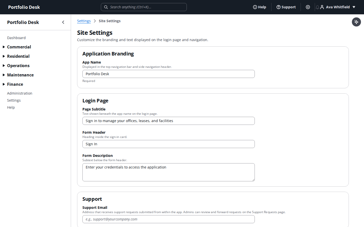 Organization site settings screen
