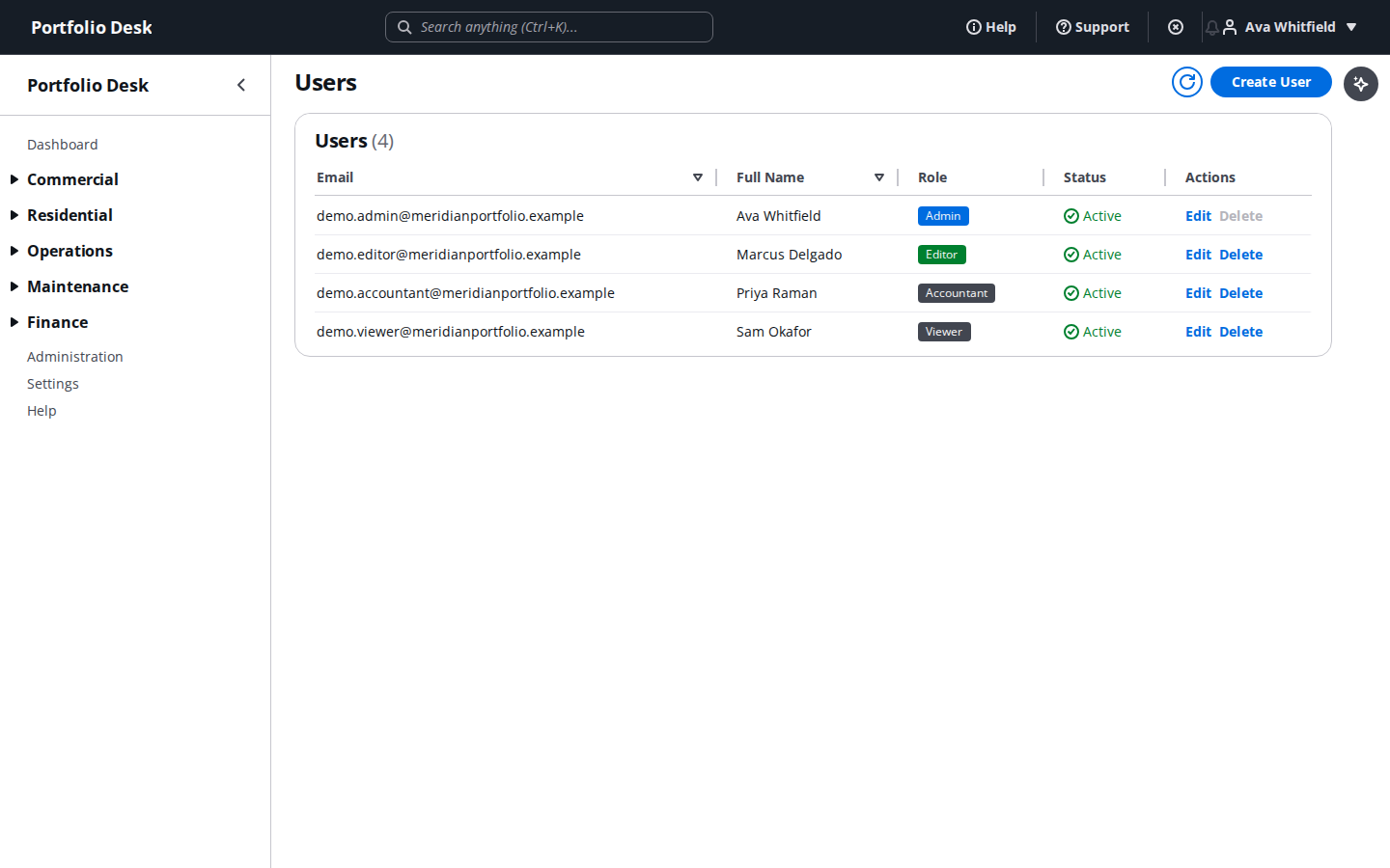 Team members and role management screen