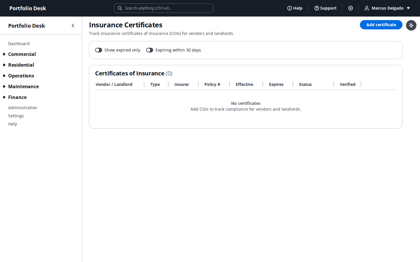 Insurance certificate tracking screen