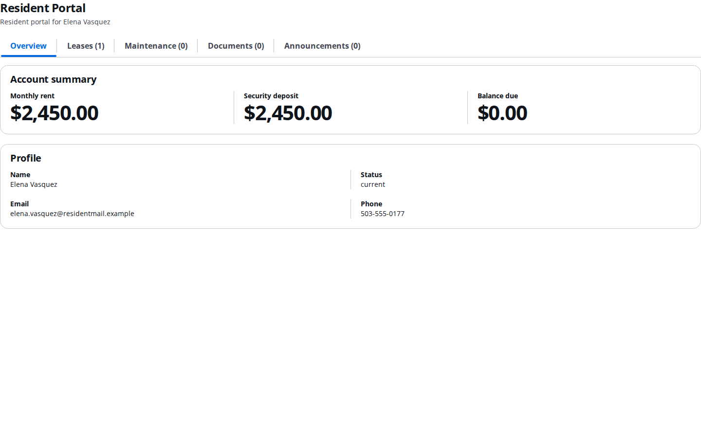 Resident portal home showing lease, balance, and profile